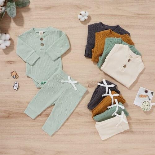 0-24 Months Unisex Baby Girls Boys 2Pcs Spring Autumn Long Sleeve Suits Newborn Toddler Knitted Solid Color O-Neck Romper+Pants