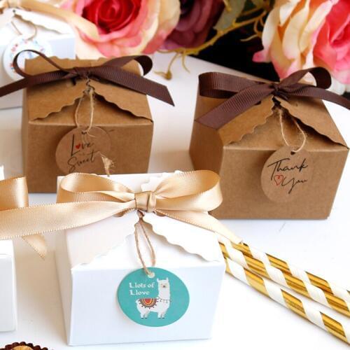 Kraft Paper Gift Boxes Baby Shower Birthday Wedding Party Favor Box Handmade Candy Packing Box with Ribbons and Gift Tags 12set