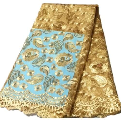Gold lace fabric with sequins design african tulle lace embroidered fabric for party dress 5yards per piece