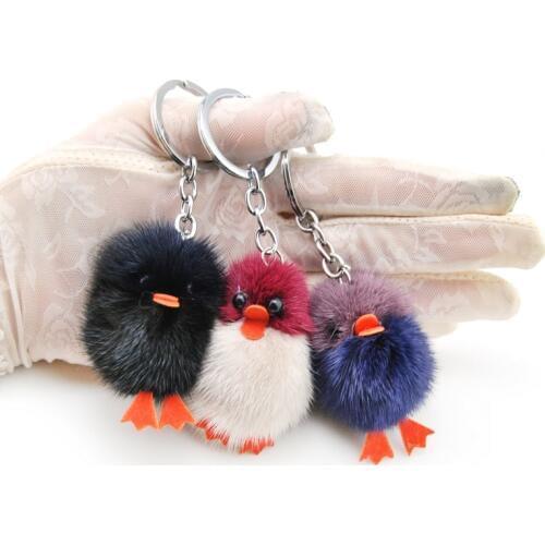 Brand New Cute Fluffy Duck Key Chain Women Genuine Mink Fur Pompom Key Ring Trinket Pom Pom Toy Doll Bag Charm Car Key Holder