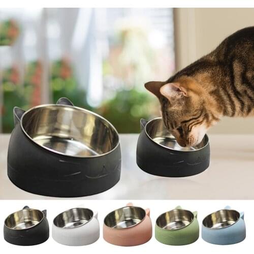 Cat Dog Bowl 15 Degrees Tilted Stainless Steel Cat Bowl Safeguard Neck Puppy Cats Feeder Non-slip Crashworthiness Base Pet Bowls