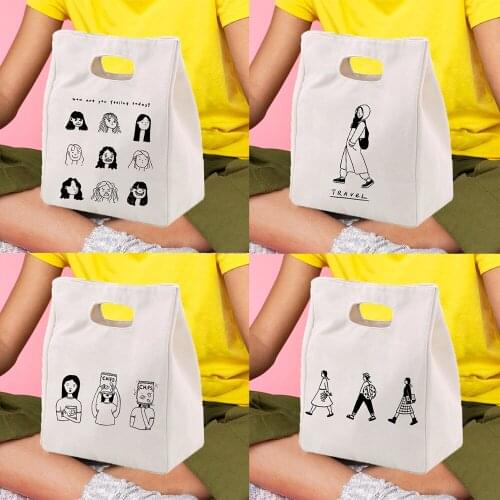 Fashion Girl Print Canvas Lunch Insulated Tote Bag Student Friend Gift Office School Food Storage Reusable Travel Cooler Bags