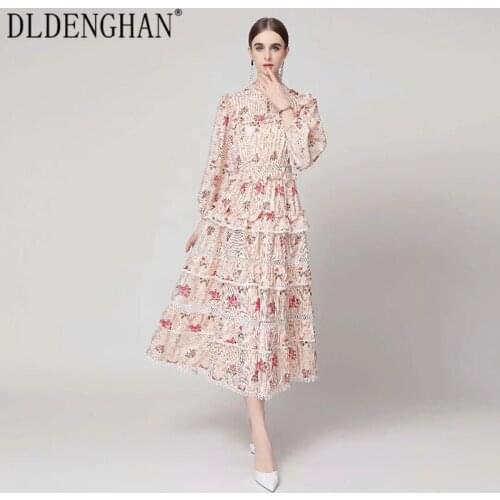 DLDENGHAN Fashion Designer Autumn Dress Women Stand Collar Lantern Sleeve Flower Print Cascading Ruffle Hollow Out Long Dresses