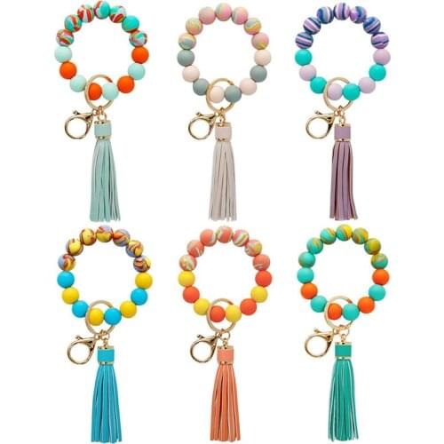 Trendy Silicone Keychain Keys Tassel Wood Beads Bracelet Keyring For Women Accessories Multicolor Keychain Wholesale Good Sale