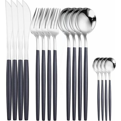 Tablewellware 16Pcs/set Tableware Stainless Steel Cutlery Complete Black Silver Fork Spoon Knife Set Dinner Western Dinnerware
