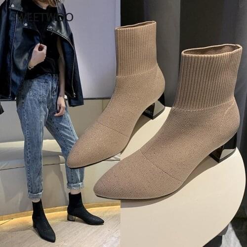 2021 Autumn Winter Knitted Stretch Fabric Socks Women Boots Low Heel Short Boots Gray Pointedtoe Women Ankle Boots