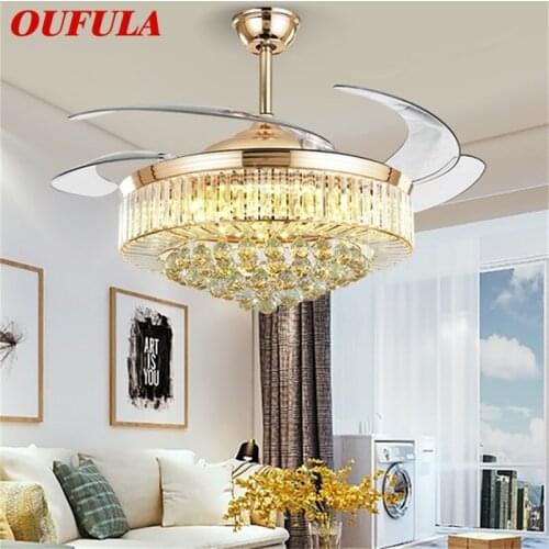 OUFULA Ceiling Fan Light Invisible Luxury Crystal Silvery LED Lamp With Remote Control Modern For Home
