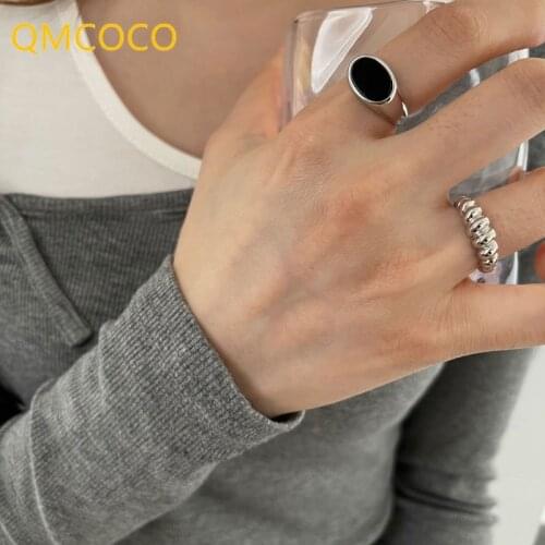 QMCOCO 925 Silver Black Oval-Shape Knit Ring For Man And Woman Open Adjustable Hip-Hop Classic Fashion Rings Ornaments