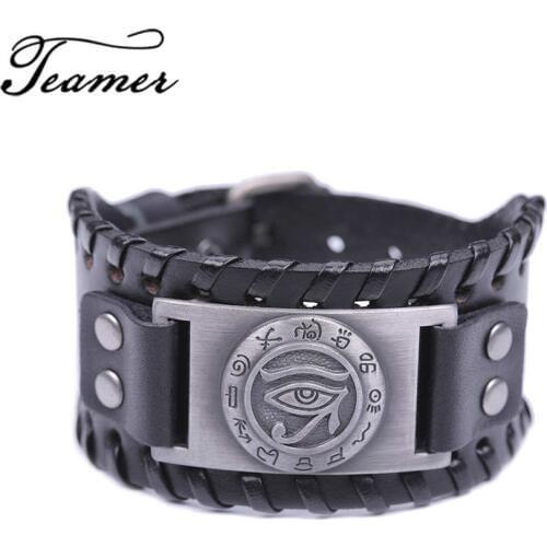 Teamer Wide Leather Religious Viking Bracelet Men Eye of Horus Wide Genuine Leather Strap Bangles Ancient Egyptian Myths Isis