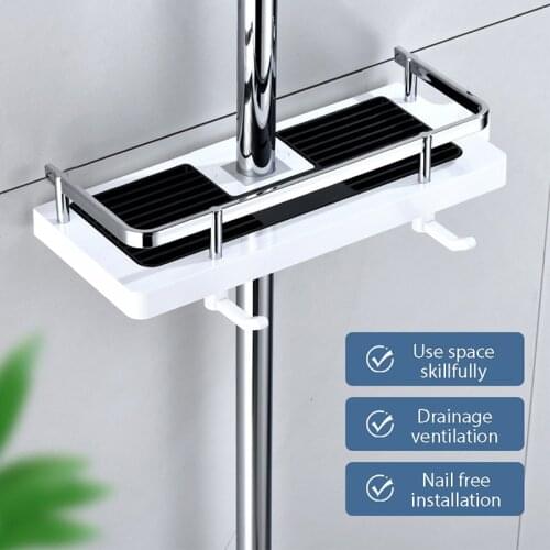 Shower Storage Rack Bathroom Organizer Pole Shelves Shampoo Tray Stand Single Tier No Drilling Lifting Rod Shower Head Holder