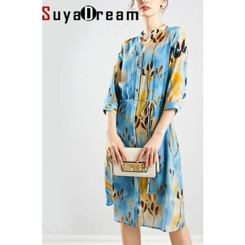 SuyaDream Women Printed Silk Dresses 100%Silk Crepe V neck Knee length Belted Office Dress 2020 Fall Sash Midi Dress Vestidos