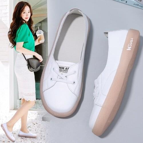 Genuine Leather White Shoes Student Board Shoes Women Trendy Shoes Shallow Flat Shoes Slip-on Loafers Jelly Sole Casual Shoes