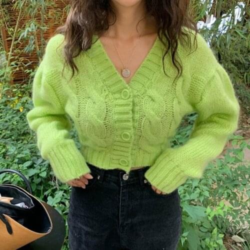 Green Straight Long Sleeve Top Knitting Cardigan V Neck Loose Minimalist Solid Sweater Female Korean Fashion Clothing X647