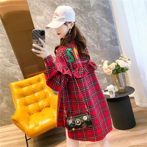 Spring Autumn 2021 Women Korean New Long-sleeve All-match Plaid Shirt Ruffle Single-breasted Turndown Collar Blouse Blusa Y710