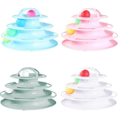4 Levels Tracks Cat Toys Interactive Cat Moving Balls Tower Track Non-Slip Sponge Pad Cat Turntable Toy