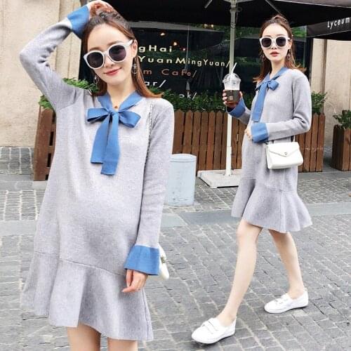 Afei Tony 2021 Autumn And Winter Knitted Sweater Maternity Dresses Long Sleeve Loose Pregnant Women Dress for Pregnancy Clothing