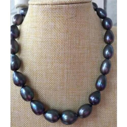 Free shipping noble jewelry Freshwater huge 12-14mm baroque black green pearl necklace 14k