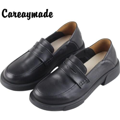 Careaymade-Womens flat heel soft sole retro British style small cowhide Genuine leather shoes womens handmade single shoes