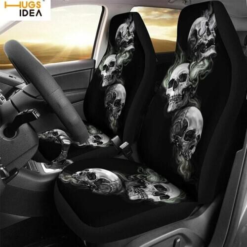 2Pcs Skull Print Car Seat Cover Universal Fit Auto Protector Seat Case 3D Gray Skull Design SUV Vehicle Dirty Anti Accessories
