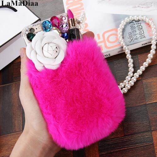 Rabbit Hair Phone Case For Samsung Galaxy J5 J4 J6 J7 J8 2018 A6 A8 A7 A5 A3 Rhinestone Fur Fluffy Cases Accessories Capinhas