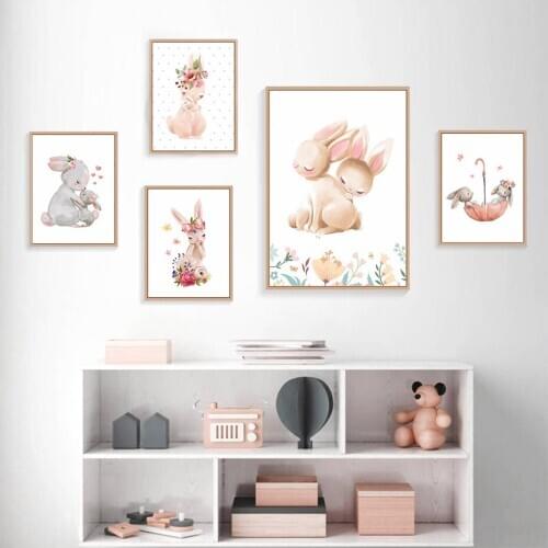 Mother and Baby Rabbit Personalized Babys Name Custom Pink Flower Canva Painting Wall Art Prints Poster Picture Girl Room Decor