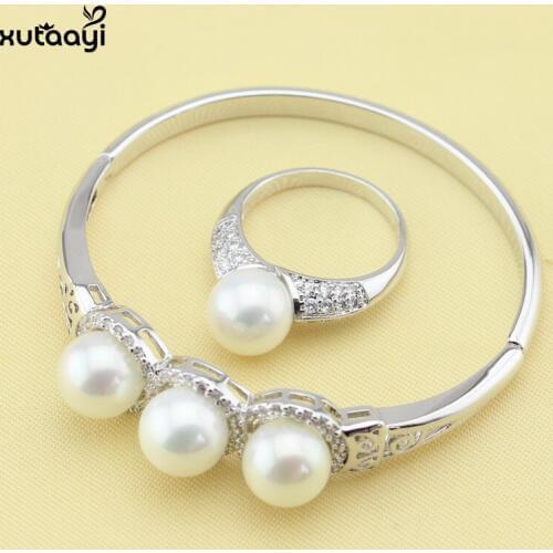 Fashion Silver Overlay For Women, Imitation Pearl Jewelry Set White Crystal Bracelets Rings