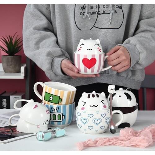 Creative Ceramic Cup Coffee Mug Cartoon Cute Animal Cat Coffee Mug With Lid and Spoon Personality Breakfast Cups Girls for Gifts