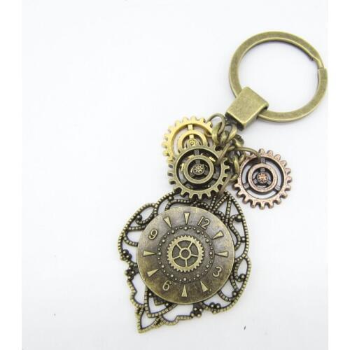 Brass Ox Color Gears and Clock Look Metal Charm Vintage Steampunk Keychain