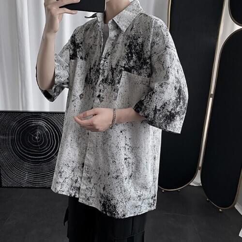 Fashion Color Rendering Short Sleeve Turn-down Collar Men Loose Casual Top Shirt
