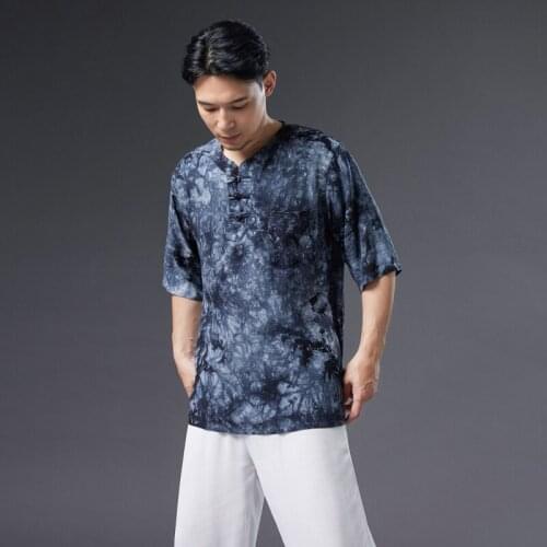 2021 New Chinese Style Clothing for Men Tangsuit Top Print Loose T-Shirt Summer Cotton Fashion Three Button Short Sleeve T-Shirt