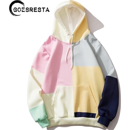 Goesresta Hip Hop Hoodies Men Oversized Streetwear Multi-Color Stitching Casual Sweatshirt Pullover Autumn Men Hooded Sweatshirt