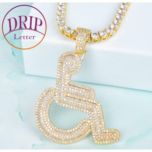 Gold Color Wheelchair Handicap Sign Pendant Necklace Charm Bling Cubic Zircon Mens Hip Hop Rock Jewelry