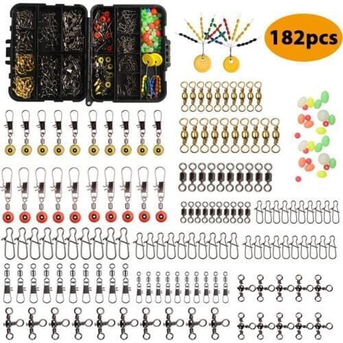 182pcs/Box Fishing Tackle Box Kit Fishing Swivels Snap Rolling Connector Float Stopper Fishing Beads Combo Set