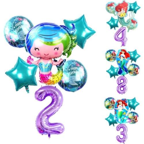 6pcs/lot Mermaid Balloon Set 40inch Number 18inch Aluminum Film Balloon Girl Birthday Party Company Annual Meeting Decoration