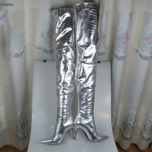 Olomm 2020 Women Thigh High Boots Stiletto High Heels Boots Pointed Toe Super Sexy Silver Night Club Shoes Women US Size 5-15