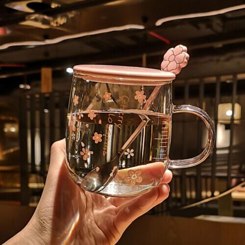 Sakura glass mug With Spoon&Ceramic Lid Japanese Flower Glass Creative Pink Cherry Blossom Glass Cup For Women Girl Drinking