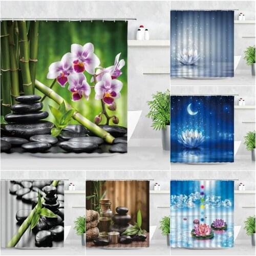 Zen Garden Shower Curtains Black Stone SPA Pink Flowers Green Bamboo Dream Lotus Natural Scenery Bathroom Curtain Set Home Decor