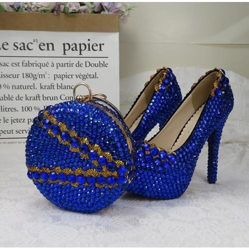 BaoYaFang Royal Blue crystal Women Wedding shoes with matching bags high heels platform shoes woman Round Toe High Pumps shoes