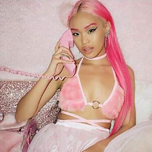 Women Sexy Halter Lace-up Bikini Bra V-Neck Fluffy Plush Crop Top Rave Bralette D08E