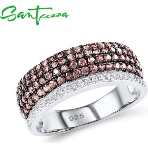 SANTUZZA Silver Rings For Woman Sparkling luxury Chocolate Cubic Zirconia Ring Female 925 Sterling Silver Rings Fine Jewelry