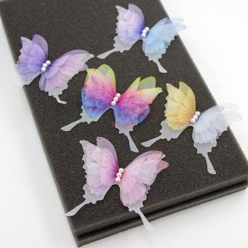 50PCS 4-Layered Organza Swallowtail Butterfly Appliques 5.0CM Silk Butterflies w/ Pearl for Jewelry Making, Choker, Hair Clips