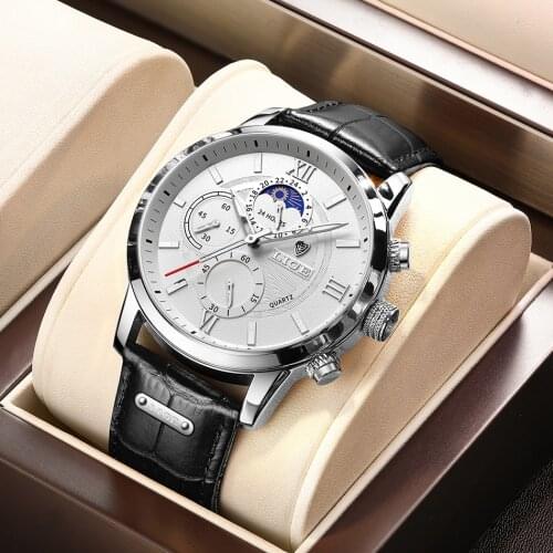 2021 New Mens Watches LIGE Top Brand Leather Chronograph Waterproof Sport Automatic Date Quartz Watch For Men Relogio Masculino