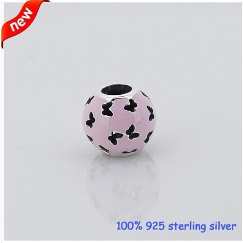 CKK 925 Sterling Silver Jewelry Abstract With Light Pink Enamel And Cut-Out Butterflies Beads Fits Bracelets For Jewelry Making