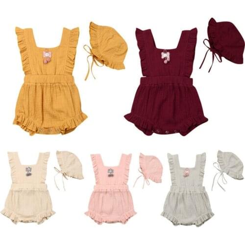 2019 Summer Infant Newborn Baby Girl Cotton Sleeveless Ruffle Romper Jumpsuit With Hat Outfits Clothes 0-24M