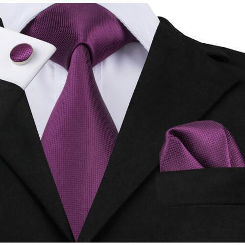 Fashion Deep Purple Solid Tie Hanky Cufflink Silk Jacquard Necktie Ties For Men Formal Business Wedding Party C-236