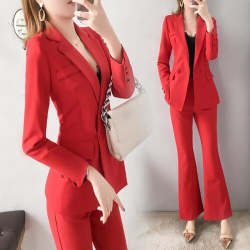 Fashion Womens 2 Piece Sets Pant Suits Slim red Blazer Jacket & Flare pants Office Lady Suit Women Outfits Work Pant Suits