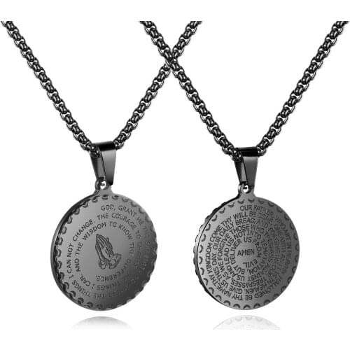 FATE LOVE Palm Christian Necklaces Round Pendants for Adult Men Stainless Steel Chain Fashion Jewelry Black Gold Silver Color