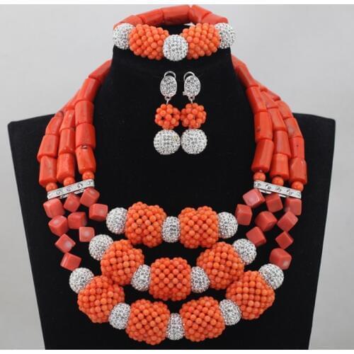 Latest Women Chunky African Coral Beads Wedding Jewelry Set Silver Jewelry Accessories Indian Bride Necklace Free Ship CNR647