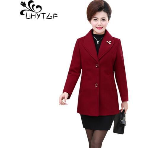 UHYTGF New Autumn Winter Wool jacket Women Fashion short outerwear single-breasted slim Female Woolen Coat XL-5XL Plus size144