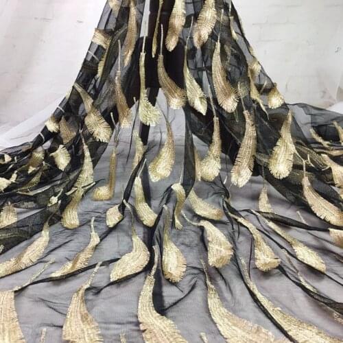 New 2yds African Gold Thread Feather Three-dimensional Embroidery Tulle Net Lace Fabric DIY Sewing Nigerian Dresses Accessories